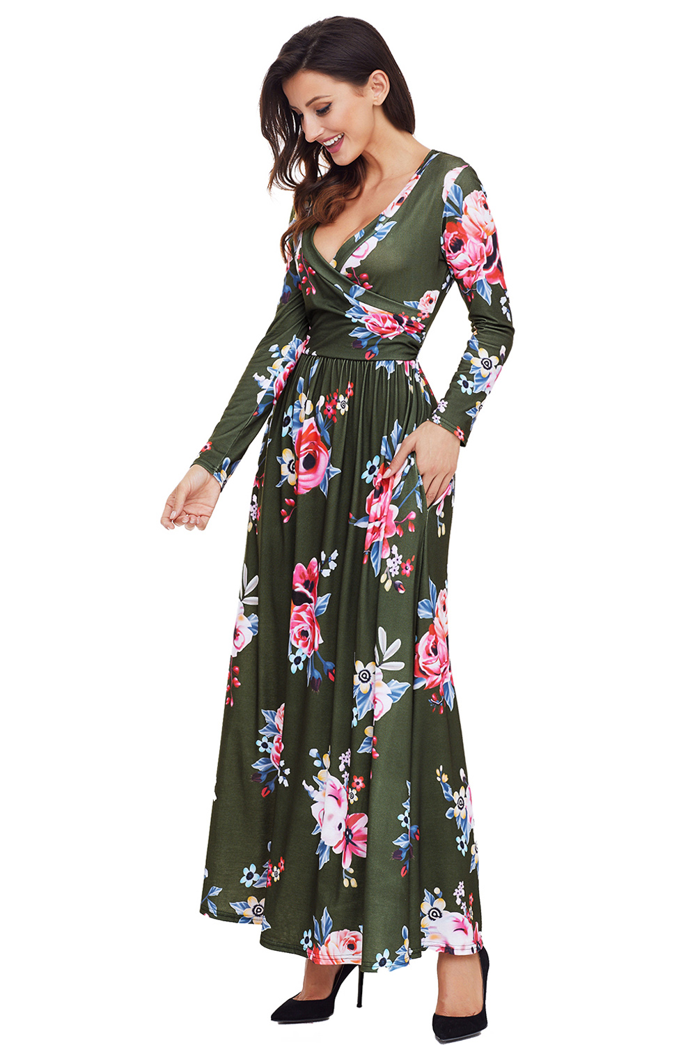 BY61772-9 Olive Floral Surplice Long Sleeve Maxi Boho Dress